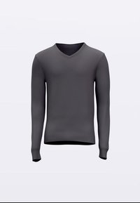Svetr s výstřihem do V v tmavě šedé barvě, vyrobený z texturované látky. Má dlouhé rukávy a přiléhavý lem, který vytváří štíhlý siluetu.