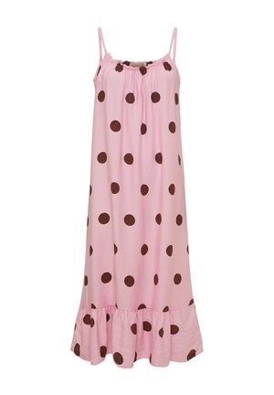 Pink ærmeløs kjole med tynde stropper og store brune polkaprikker, der har en flæsekant nederst.