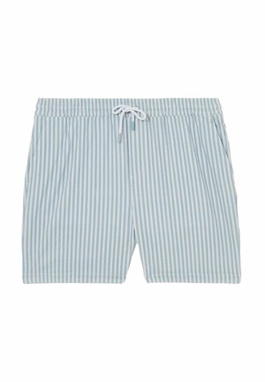 Světle modré a bílé pruhované plavecké šortky s elastickým pasem, stahovací šňůrkou a bočními kapsami. Měkká textura tkaniny.