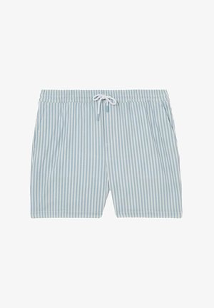 Světle modré a bílé pruhované plavecké šortky s elastickým pasem, stahovací šňůrkou a bočními kapsami. Měkká textura tkaniny.
