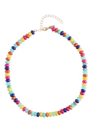 Multicolored beaded necklace with round beads in yellow, pink, turquoise, blue, and orange, featuring a gold chain extender and lobster clasp.