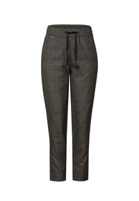 Slim-fit grijze geruite broek met een elastische tailleband en zwarte trekkoord, voorzien van zijzakken en taps toelopende benen.