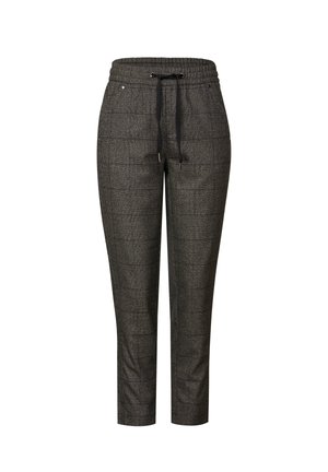 Slim-fit grijze geruite broek met een elastische tailleband en zwarte trekkoord, voorzien van zijzakken en taps toelopende benen.