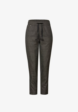 Pantaloni grigi a quadri slim-fit con vita elastica e cordino nero, dotati di tasche laterali e gambe affusolate.