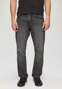 Verblasste schwarze Denim-Jeans mit geradem Bein, ausgestattet mit einem zerrissenen Knie, Stickerei-Akzenten und einem klassischen Fünf-Taschen-Design.