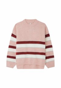 Pink knit sweater featuring horizontal stripes in burgundy, white, and light pink. Soft texture with a round neckline and ribbed hem.