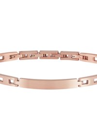 Bracciale in acciaio inossidabile rosa dorato con anelli intrecciati e una piastra rettangolare piatta per incisione, texture liscia e design moderno.