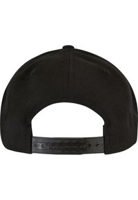 Black snapback cap with a textured fabric, flat brim, and an adjustable plastic strap at the back featuring multiple snap buttons.