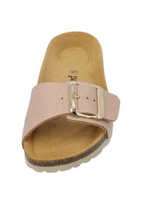 Lichtroze schuif sandaal met een metalen gouden gesp, kurken voetbed en gestructureerde binnenzool. Platte zool met een ronde vorm. Maat 37.