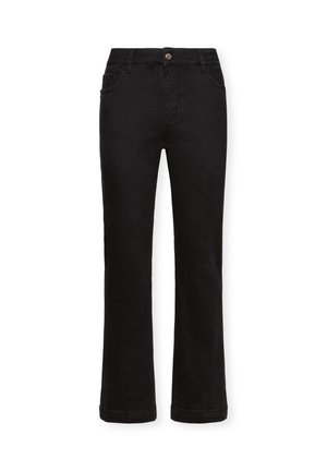Pantalones de mezclilla negra de corte recto, con cinco bolsillos, cierre de botón y detalle de costura en los puños.