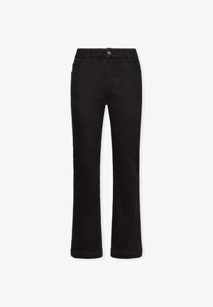 Sorte denimbukser med lige ben, med fem lommer, knaplukning og syet detaljer ved stumperne.