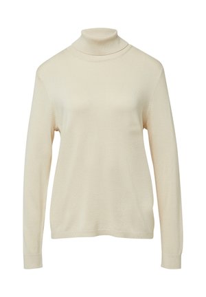 Beżowy sweter z długim rękawem i golfem, o gładkiej strukturze dzianiny oraz ściągaczach na mankietach i kołnierzu.