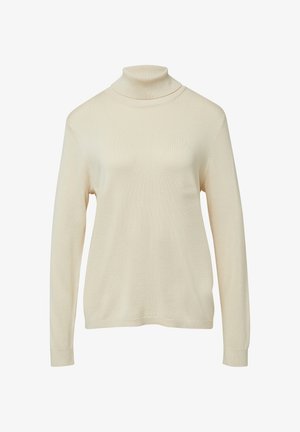 Beżowy sweter z długim rękawem i golfem, o gładkiej strukturze dzianiny oraz ściągaczach na mankietach i kołnierzu.