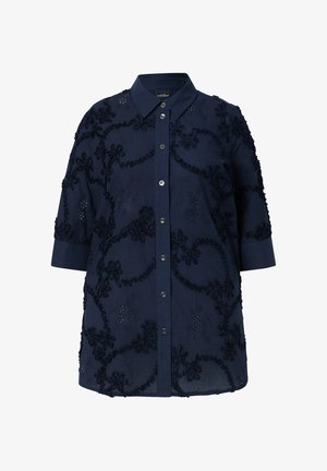 Granatowa bluza na guziki z rękawami 3/4, z kwiatowym, teksturowanym haftem oraz ostrym kołnierzem.