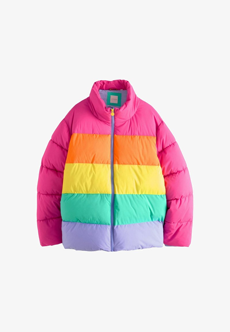 Giacca imbottita a strisce rosa, arancioni, gialle, verdi e lavanda. Caratterizzata da un alto colletto e chiusura con zip anteriore. Texture liscia e trapuntata.