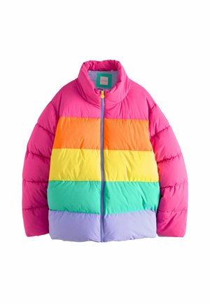 Puffy jack met gedurfde horizontale strepen in roze, oranje, geel, groen en lavendel, met een hoge kraag en een rits aan de voorkant.