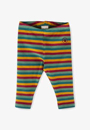 Leggings per bambini con strisce orizzontali in verde petrolio, giallo, bordeaux e verde, caratterizzati da un piccolo logo rotondo nella parte superiore sinistra.