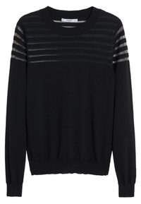 Pull noir avec manches longues, col rond et rayures horizontales élégantes sur la partie supérieure. Texture douce avec un ourlet ajusté.