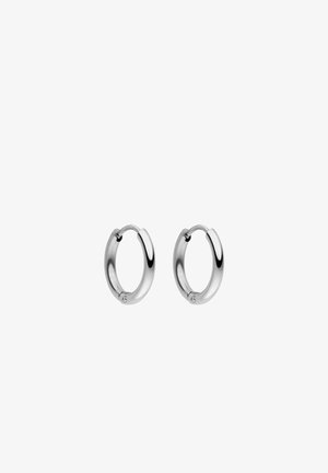Silver hoop earrings with a smooth, rounded design. Polished finish and a secure clasp. Each earring features a subtle logo accent.