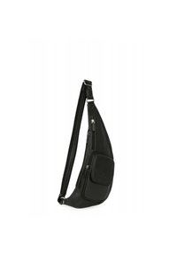Borsa a tracolla in pelle nera con superficie testurizzata, dotata di una tasca anteriore con zip, tracolla regolabile e design elegante e curvato.