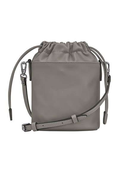 Gray leather drawstring crossbody bag with a smooth texture, adjustable strap, and subtle stitching details. Compact rectangular shape.
