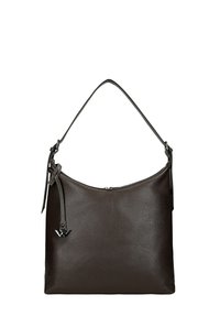 Hnědá kožená kabelka se strukturálním designem, velkým zaobleným tělem a nastavitelným ramenním popruhem. Má jemné kovové doplňky.