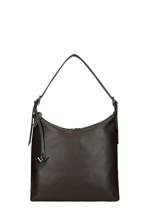 Borsa in pelle marrone con design strutturato, corpo ampio e curvo e tracolla regolabile. Presenta dettagli hardware discreti.