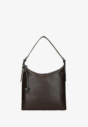 Borsa in pelle marrone con design strutturato, corpo ampio e curvo e tracolla regolabile. Presenta dettagli hardware discreti.