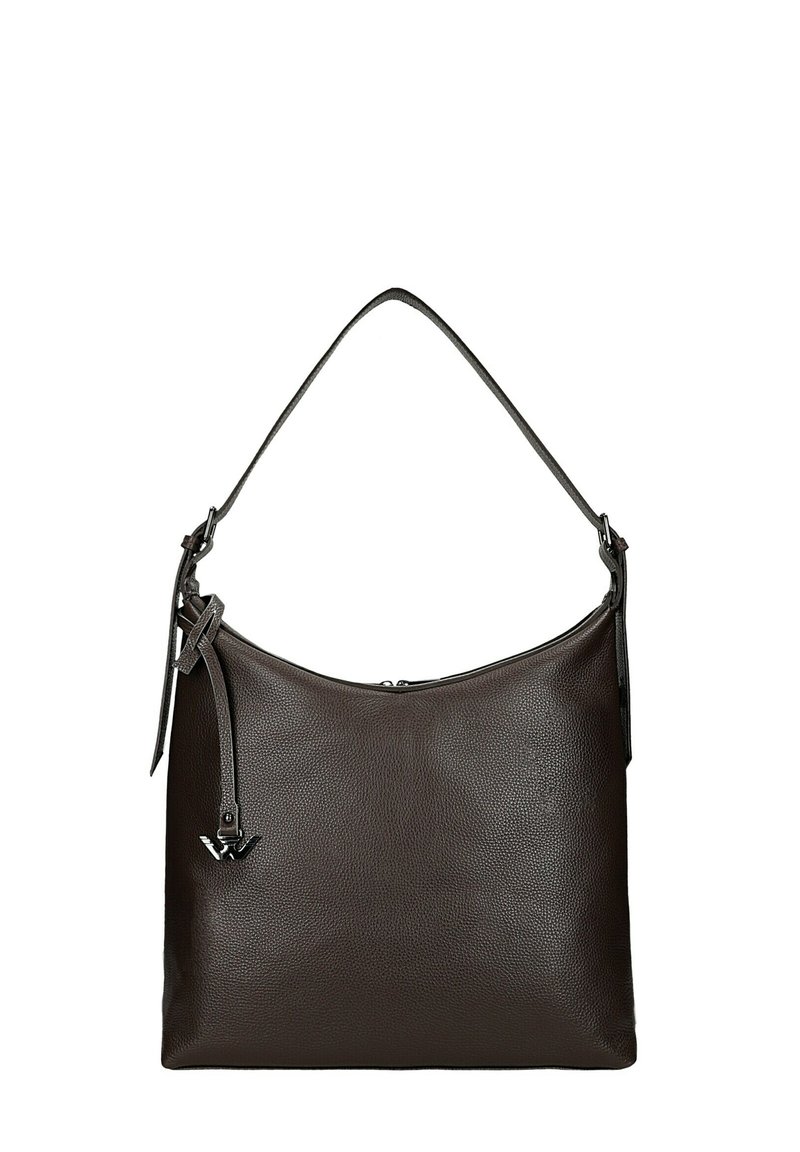 Hnědá kožená kabelka se strukturálním designem, velkým zaobleným tělem a nastavitelným ramenním popruhem. Má jemné kovové doplňky.