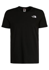 Camiseta negra de cuello redondo y mangas cortas con un pequeño logo blanco de "The North Face" en la parte superior izquierda del pecho.