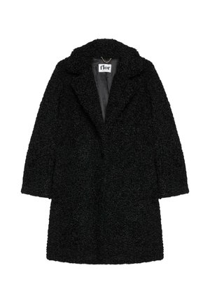 Czarny, teksturowany płaszcz o średniej długości z szerokimi klapami i wewnętrzną metką "flor", ułożony płasko na białym tle.