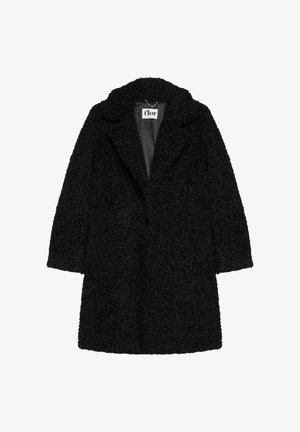 Czarny, teksturowany płaszcz o średniej długości z szerokimi klapami i wewnętrzną metką "flor", ułożony płasko na białym tle.