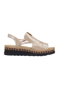 Sandale beige à bout ouvert avec sangles latérales élastiques, semelle intermédiaire en jute tissé, détail en bois rayé et semelle extérieure en caoutchouc noir.