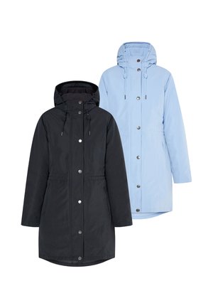 Two knee-length winter coats with hoods, one black and one light blue, featuring front buttons and drawstrings at the hood.