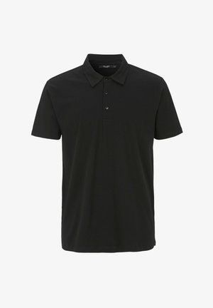 Zwarte polo shirt van katoen, met een kraag, knoopsluiting met drie knopen en korte mouwen. Glad textuur met een minimalistisch ontwerp.