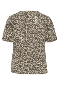 Top a maniche corte con stampa leopardata in tonalità beige e verde scuro. Tessuto morbido con scollatura arrotondata e dettagli sulle spalle arricciati.