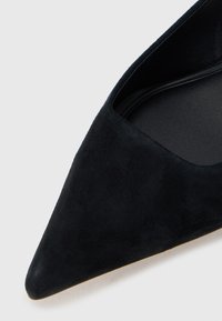 Černé semišové lodičky s špičatou špičkou, hladkým strukturovaným povrchem a nízkým podpatkem, které představují elegantní siluetu a zaoblené otvorení.