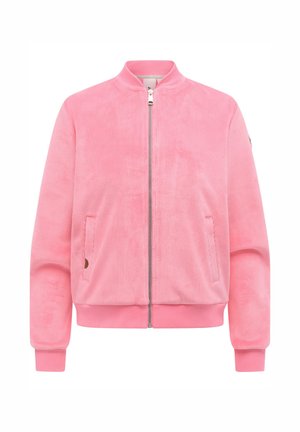 Rosa cordfløyel bomberjakke med glidelås foran, ribbestrikket krage, mansjetter og kant, samt to sidelommer.