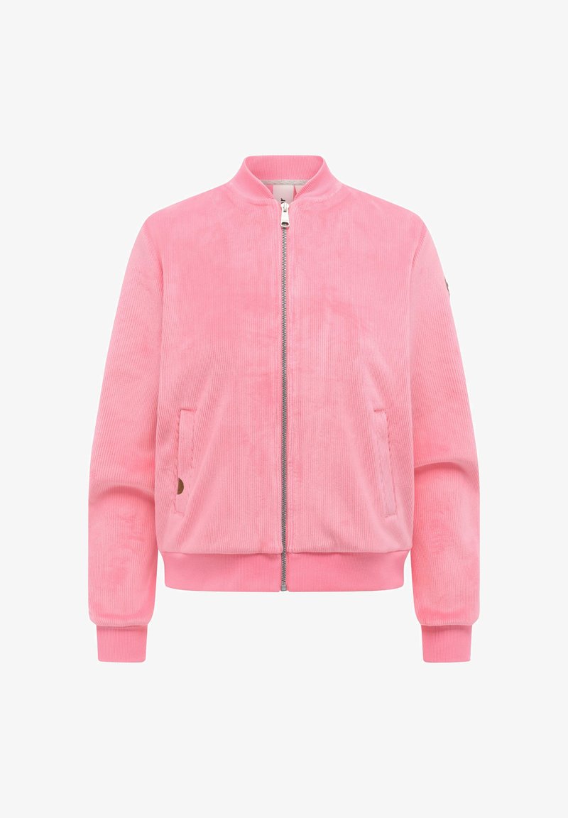 Giacca bomber in velluto a coste rosa con cerniera frontale, collo, polsini e orlo a coste e due tasche laterali.