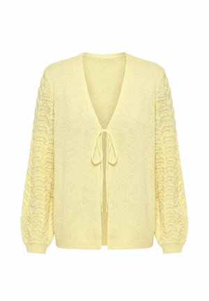 Cardigan lavorato a maglia di colore giallo chiaro con apertura frontale, chiuso da lacci, maniche lunghe con motivo a rilievo e polsini a costine.