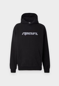 Sweat à capuche noir avec une poche kangourou à l'avant et le logo "ripcurl" en blanc sur la poitrine.