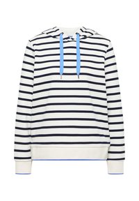 Sweat à capuche blanc avec des rayures noires horizontales, cordons bleu, poignets et ourlet côtelés, présenté sur un fond blanc.