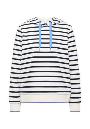 Sweat à capuche blanc avec des rayures noires horizontales, cordons bleu, poignets et ourlet côtelés, présenté sur un fond blanc.