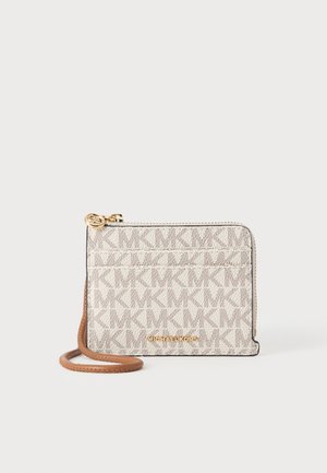 Piccola pochette beige e marrone Michael Kors con motivo logo "MK" ripetuto e cerniera dorata con cinturino in pelle.