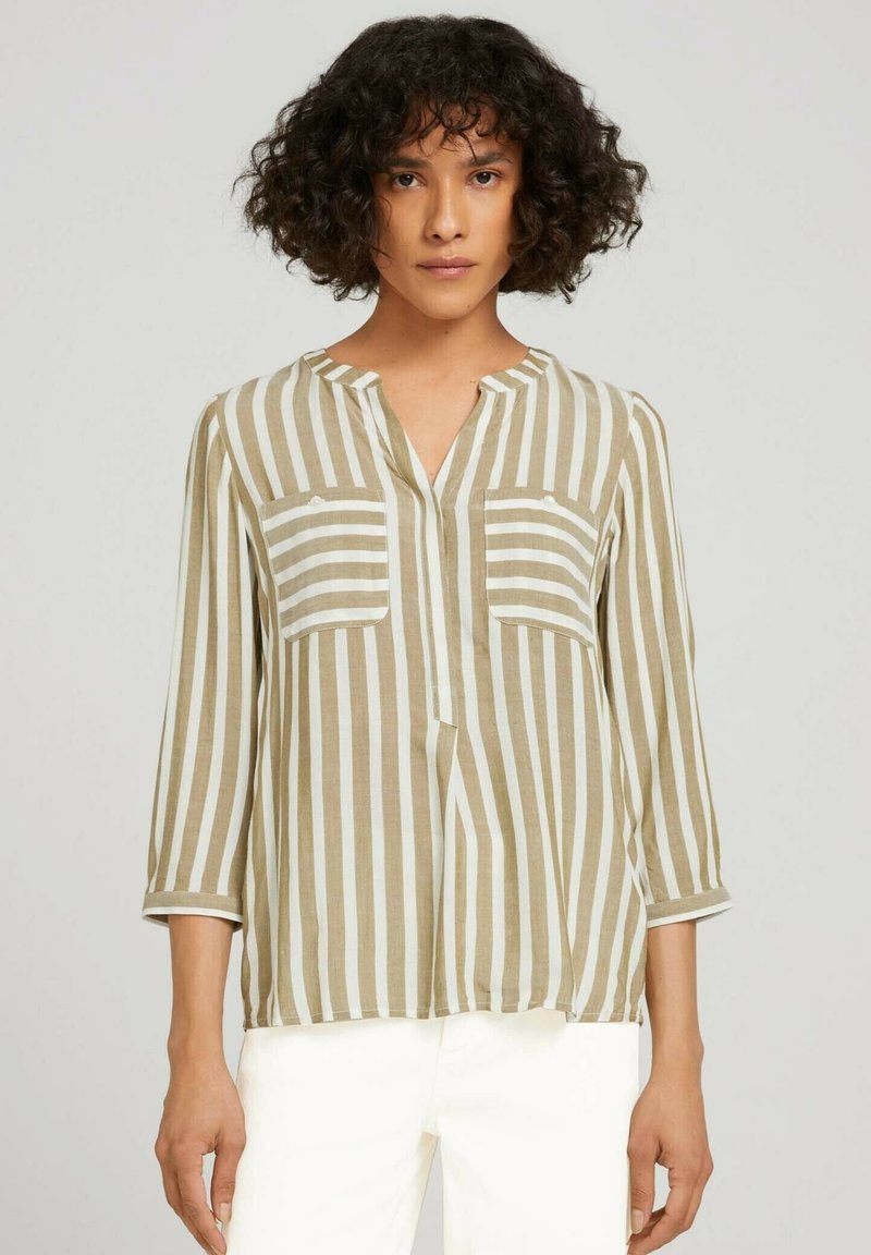 TOM TAILOR Bluse - khaki offwhite stripe