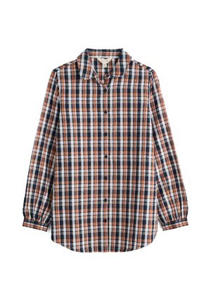 Camicetta a maniche lunghe con bottoni in tessuto a quadri con colori arancione, blu navy e bianco. Realizzata in tessuto leggero con colletto e maniche con polsini.