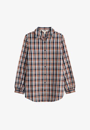 Camisa de manga larga con botón en un patrón de cuadros que presenta los colores naranja, azul marino y blanco. Confeccionada en tela ligera, cuenta con cuello y mangas con puños.