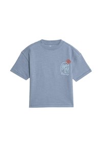 T-shirt blu corto a maniche corte con colletto tondo, caratterizzato da una piccola palma e una grafica a spirale con il testo "giorni facili" sul petto.