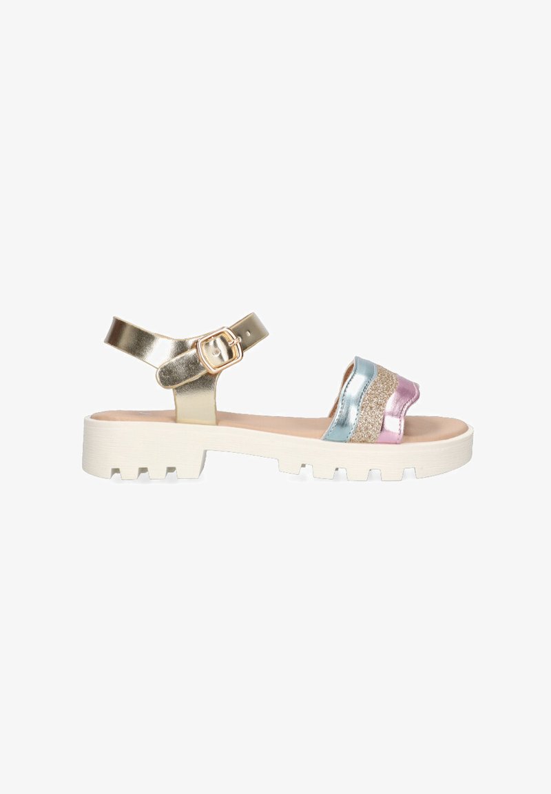 Sandalias con tiras que presentan acentos metálicos en dorado, azul, rosa y purpurina, con una suela de plataforma blanca texturizada y cierre de hebilla.