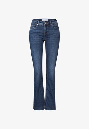 Dark blue denim jeans with a flared leg design, featuring a classic five-pocket style and subtle stitching detail along the seams.
